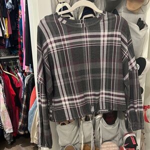 Plaid Cropped Long-Sleeve Blouse - Gray & Pink